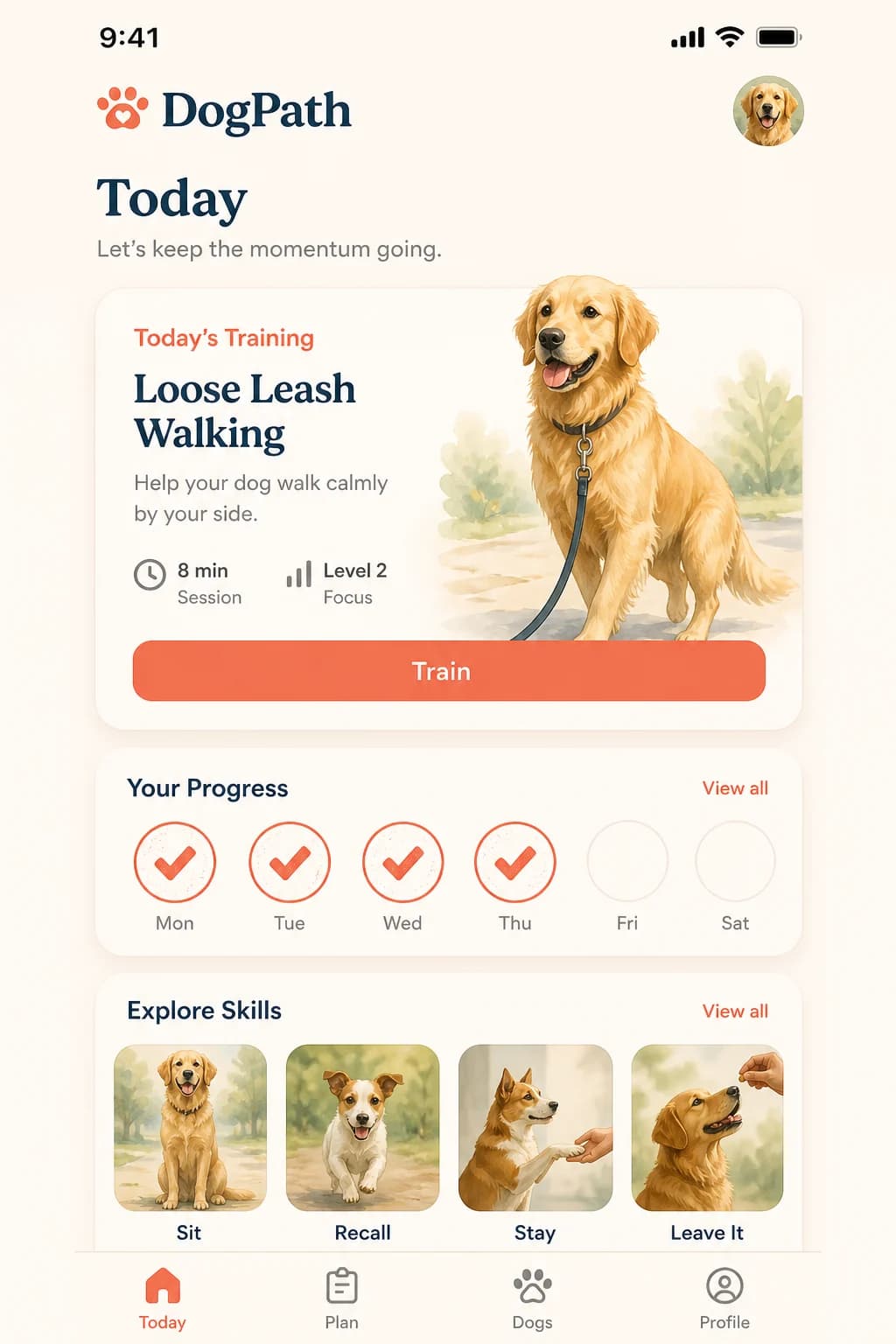 DogPath Startseite mit Trainingspfad und Coach-Tools