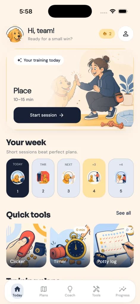 DogPath Today screen with the current lesson and weekly plan
