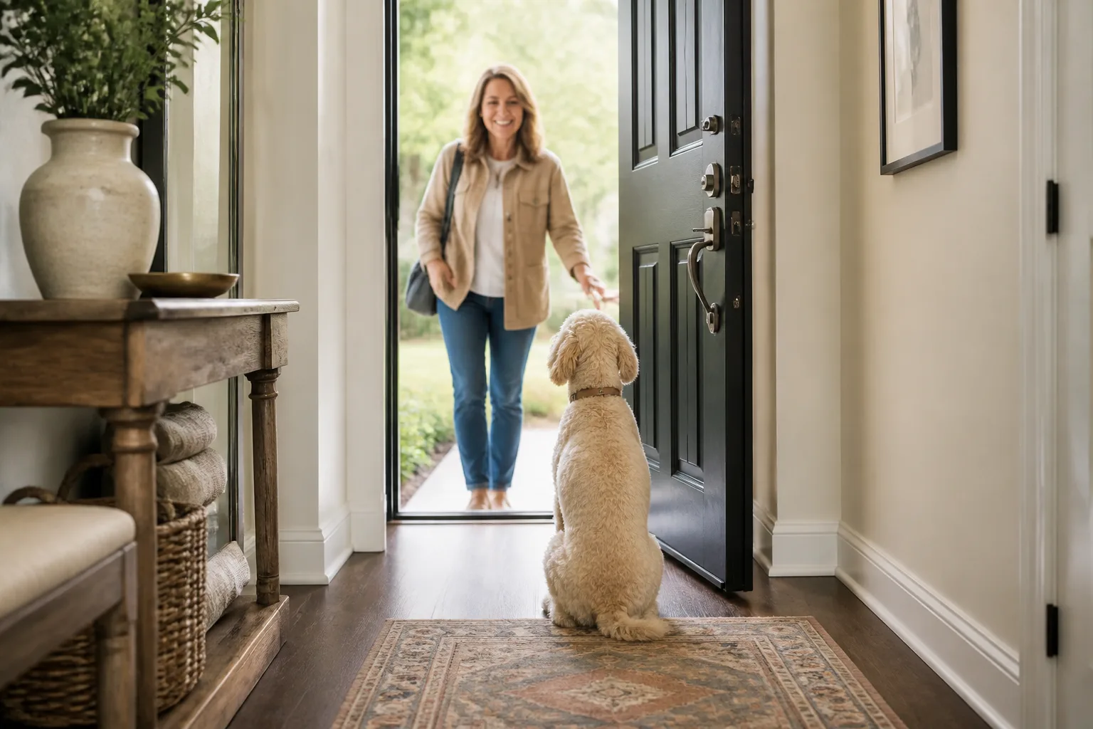 Dog waiting politely at the front door while a guest arrives