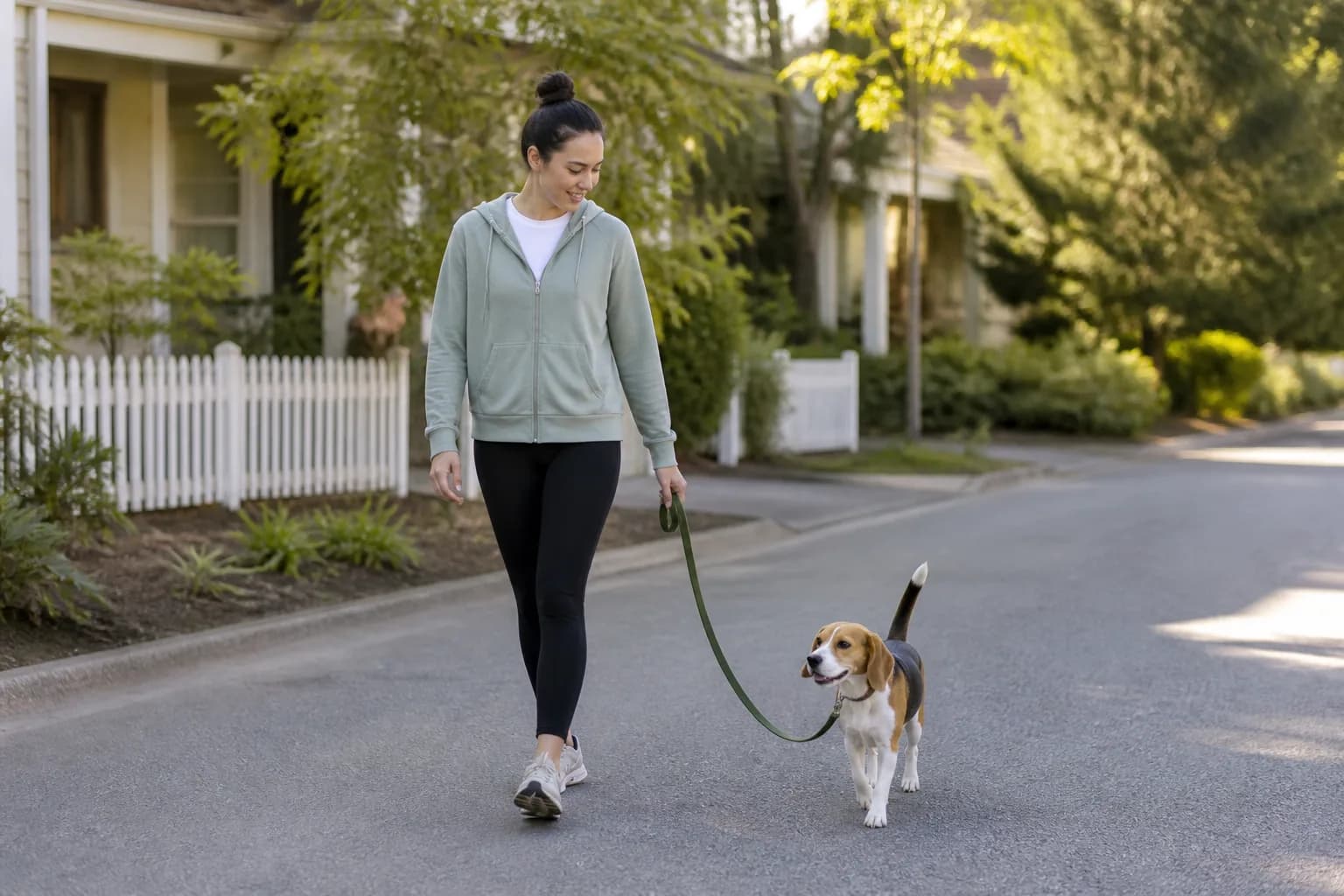 Beagle walking calmly on a loose leash beside its owner