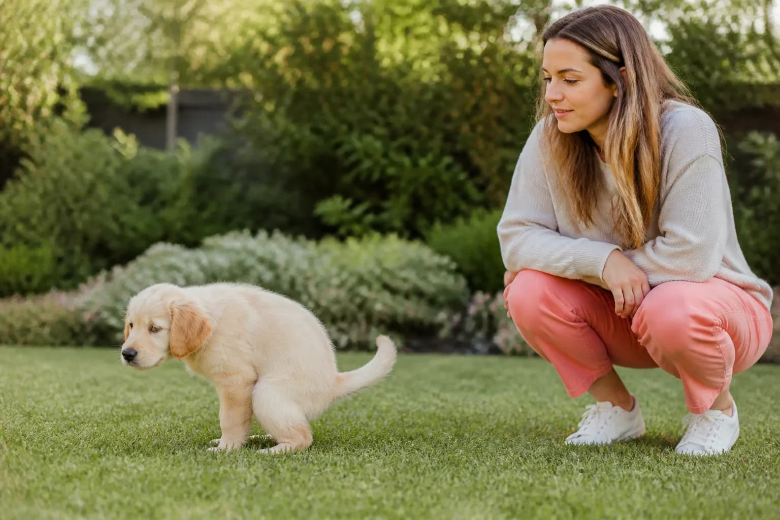Puppy practicing outdoor potty training with a calm owner nearby