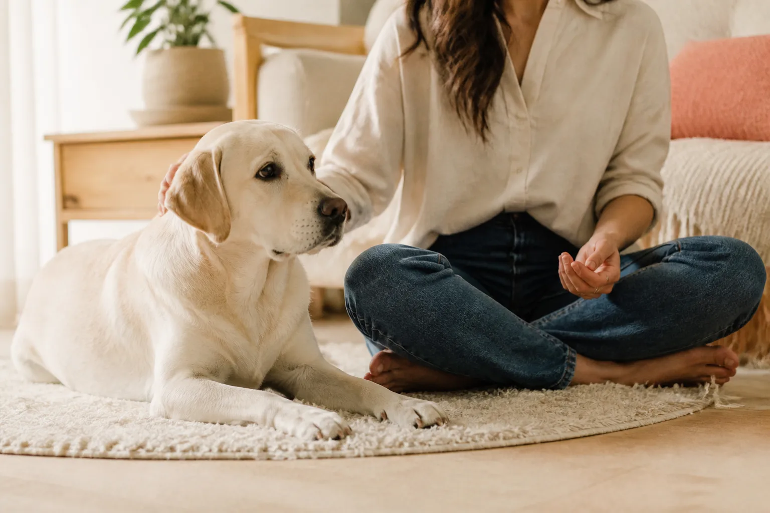 Calm dog resting beside its owner after a reset training session