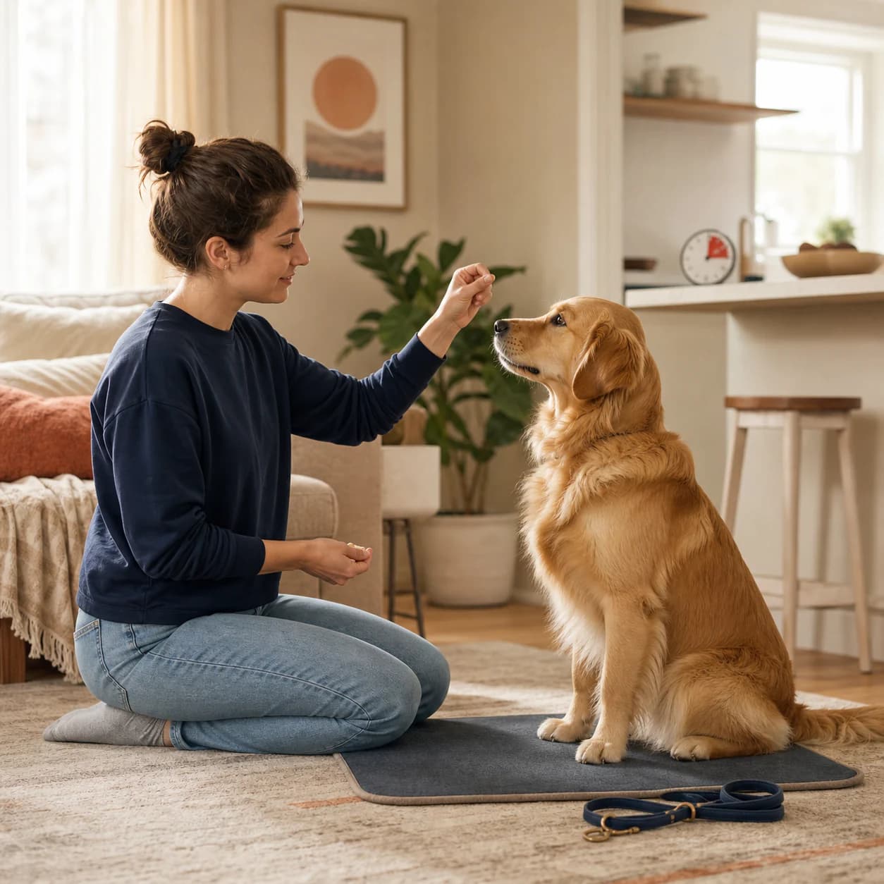 Golden Retriever übt zu Hause eine kurze belohnungsbasierte DogPath-Lektion mit seiner Halterin