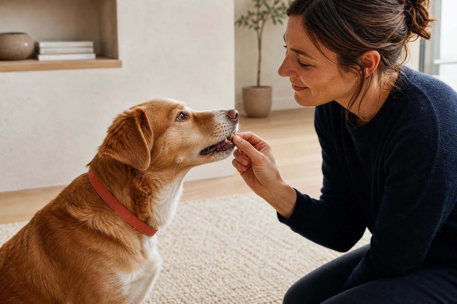 A dog looking attentively at its owner while receiving a reward during calm indoor training