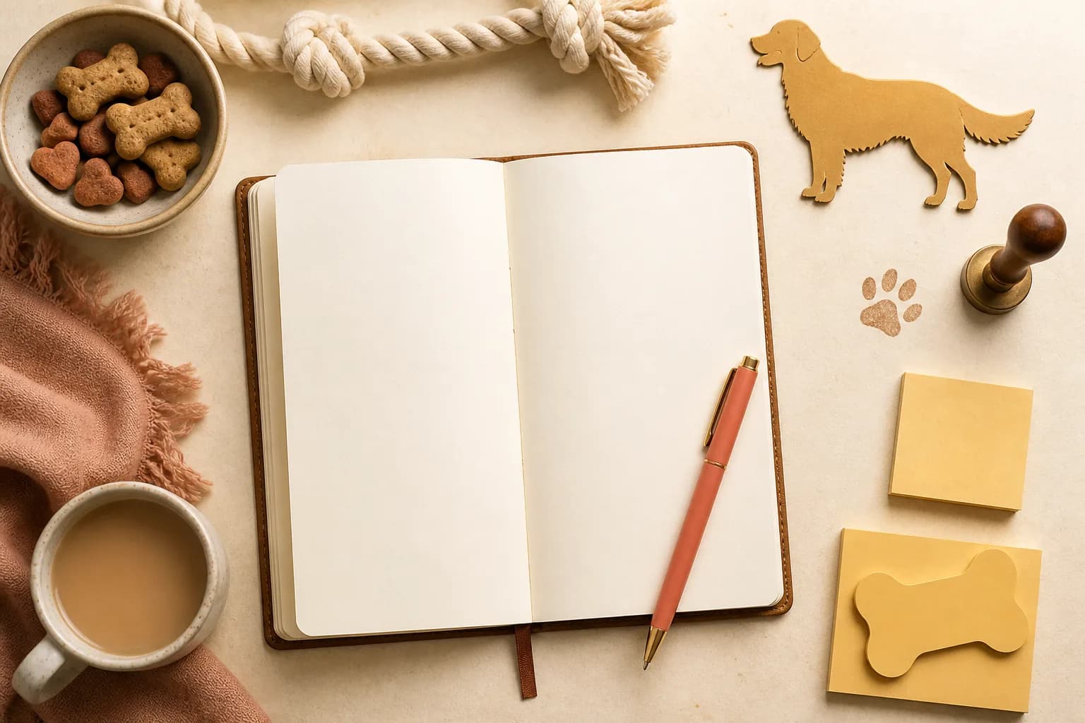 A training notebook with treats, a rope toy, and dog-shaped planning markers