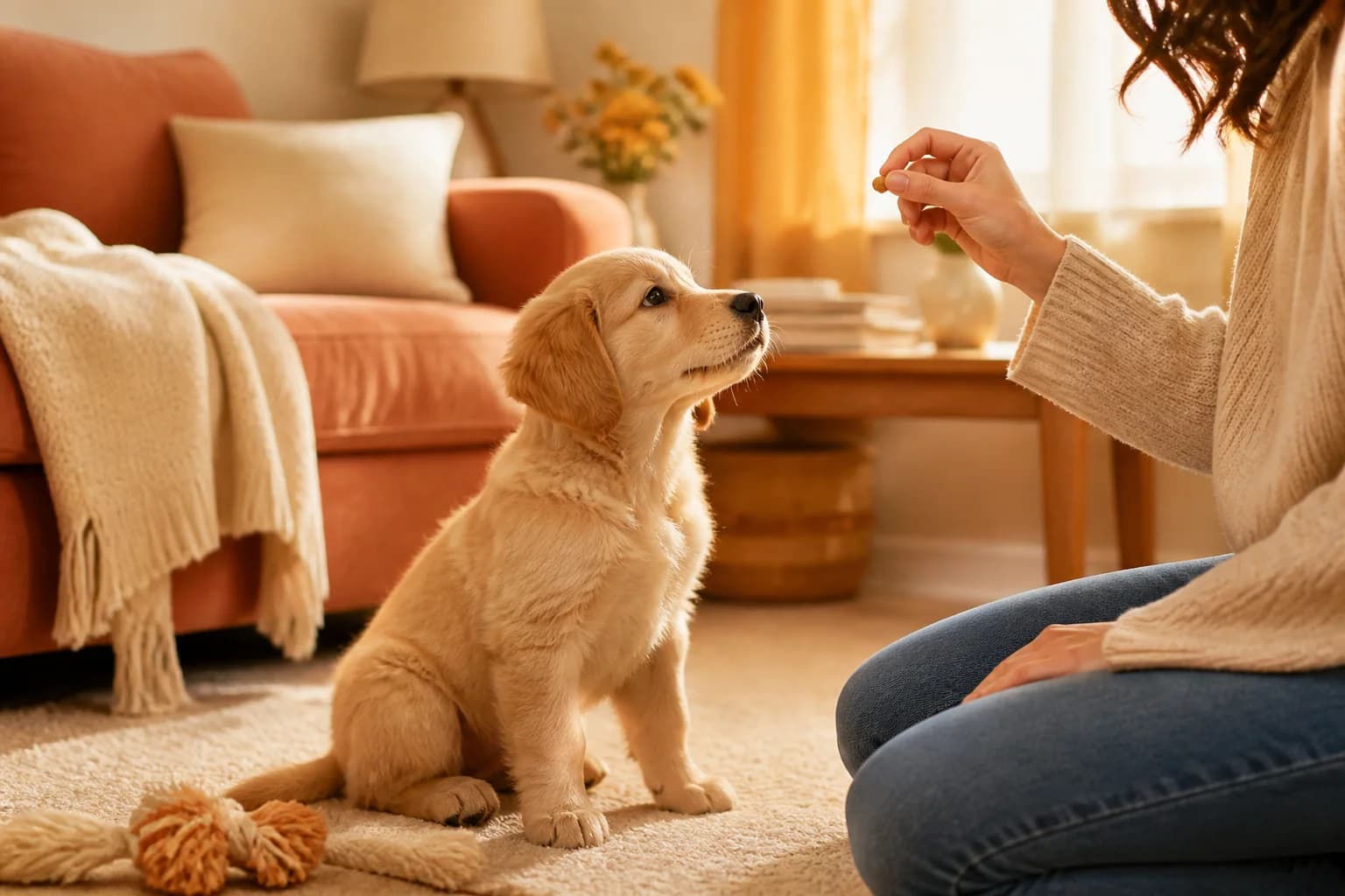 Golden puppy starting calm home training with a patient owner