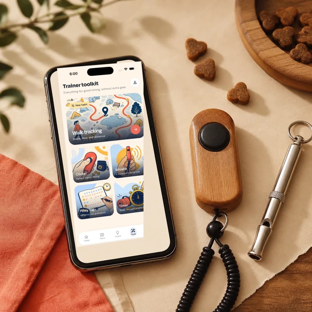 DogPath trainer toolkit open beside a clicker, whistle, and training treats
