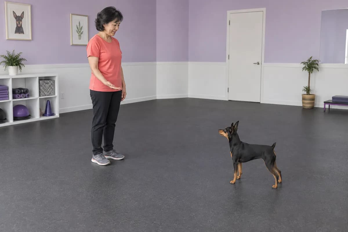 Stillstehende Halterin zeigt in einem offenen Übungsraum ein kleines Handzeichen vor einem entspannt stehenden Zwergpinscher