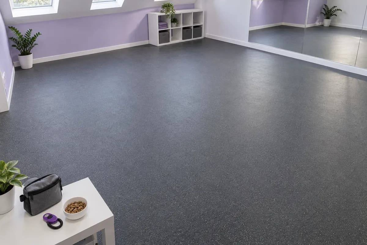 Clear nonslip practice area with small food rewards, clicker and pouch on a table to the side
