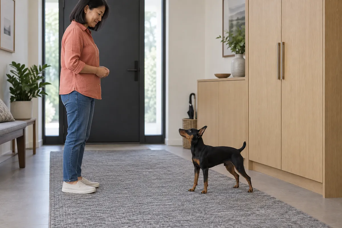 Zwergpinscher und seitlich stehende Halterin üben auf einem flachen Läufer vor einem geschlossenen Flurschrank