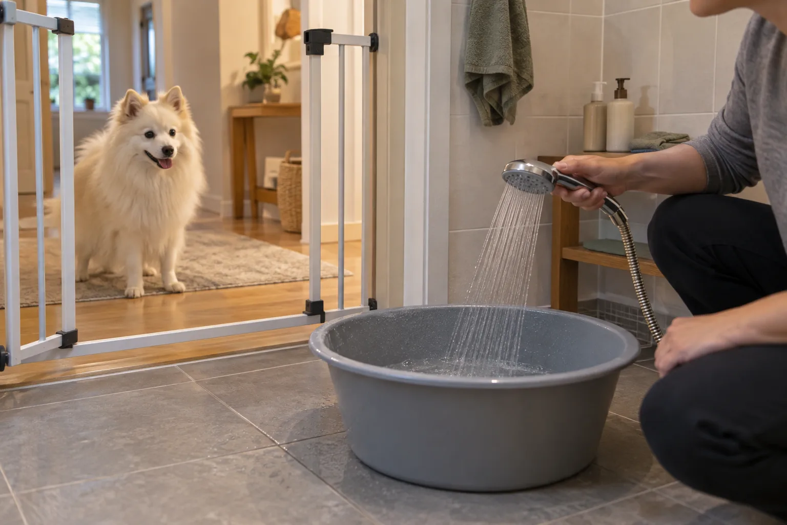 Volwassene test een zachte douchestraal in een lege teil terwijl een spitshond ontspannen achter een hekje buiten de badkamer wacht