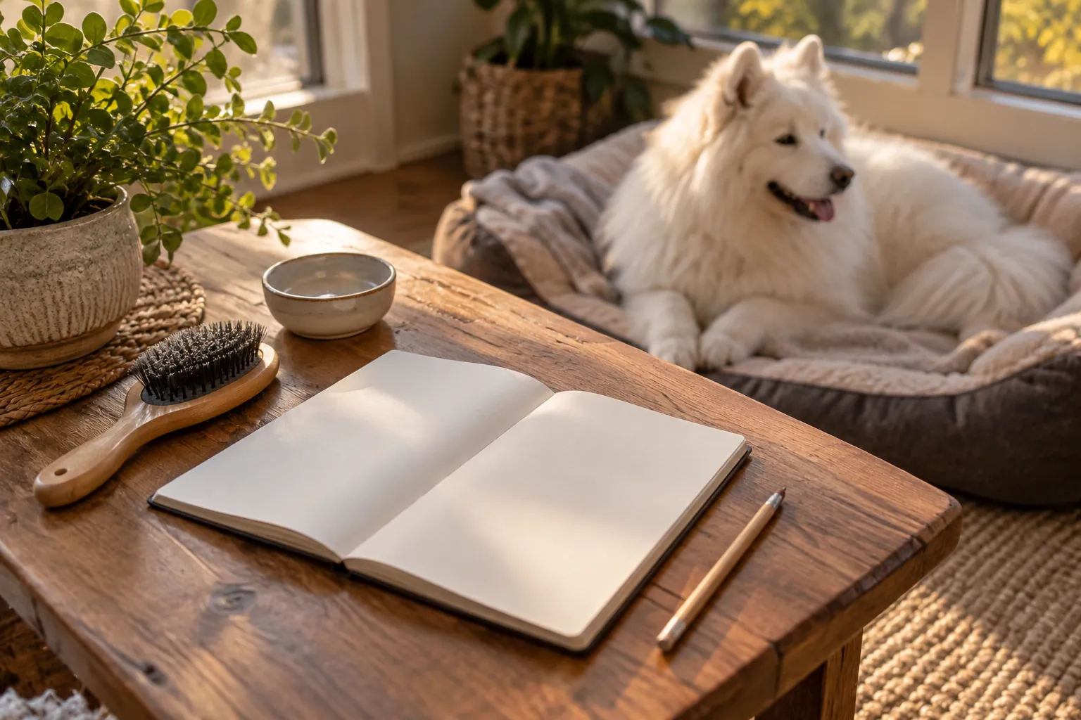 A blank notebook, pencil, brush and empty reward bowl lie separately on a wooden table while a Samoyed rests on a bed in the background