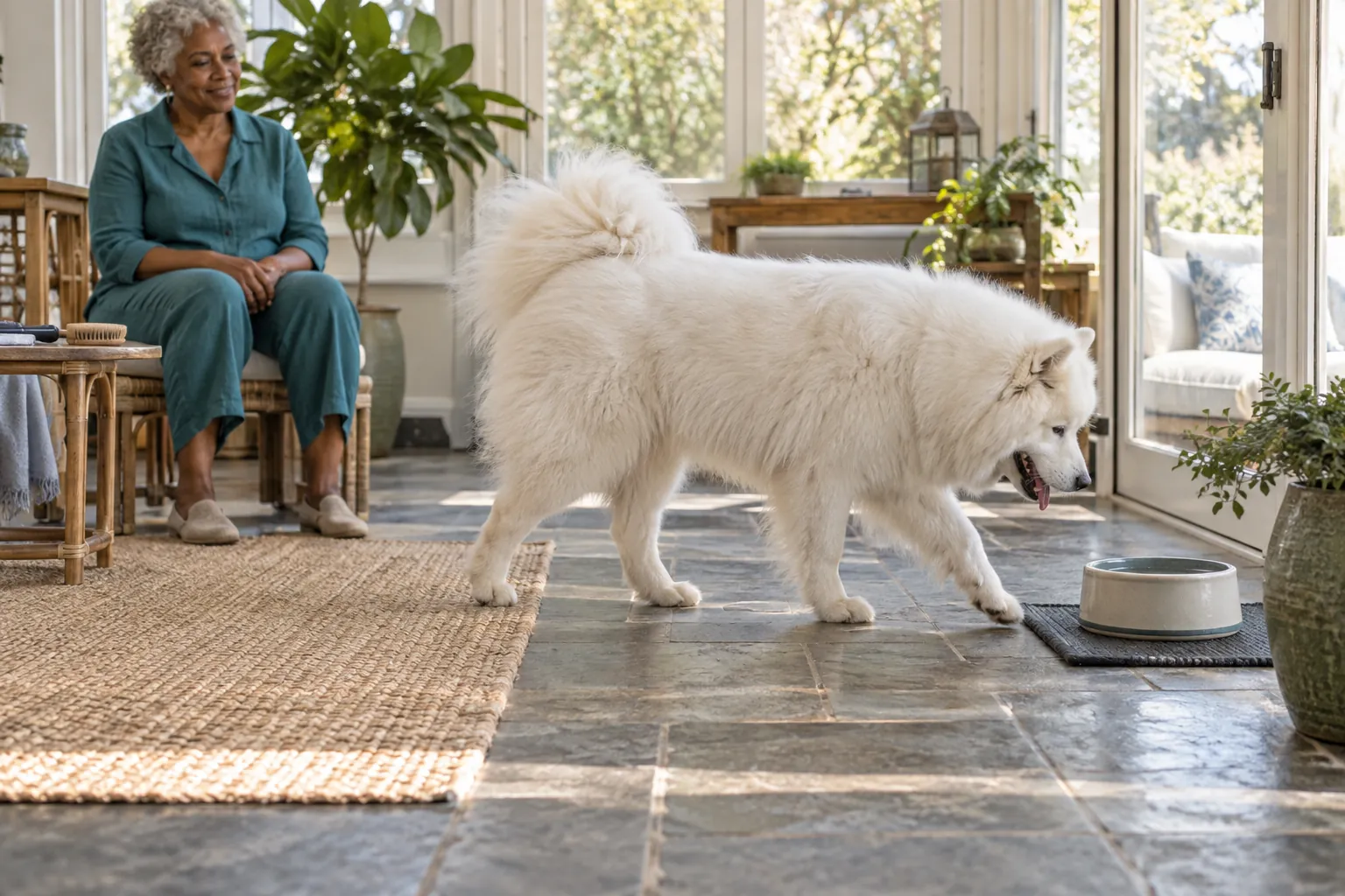 A Samoyed walks away from the practice rug toward its water bowl while the seated woman leaves the brush on a table and keeps her hands in her lap
