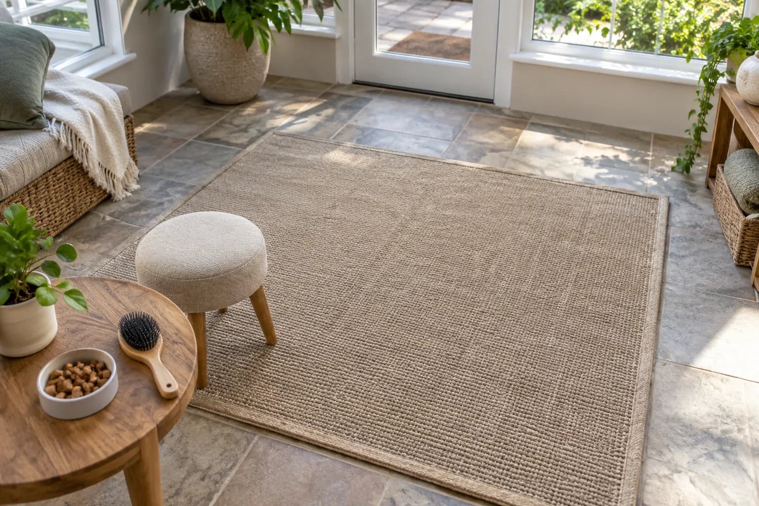An empty nonslip rug has a stool at its side, with a brush and small reward bowl on a separate table and a clear walking route