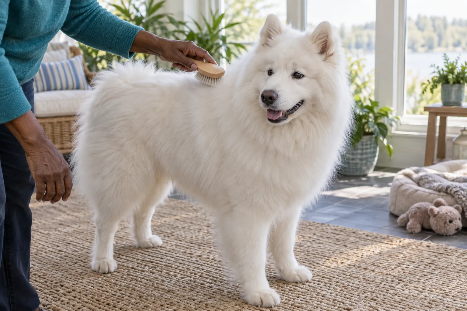 A brush makes light contact with a freely standing Samoyed's untangled shoulder while the handler's other hand stays down without restraint