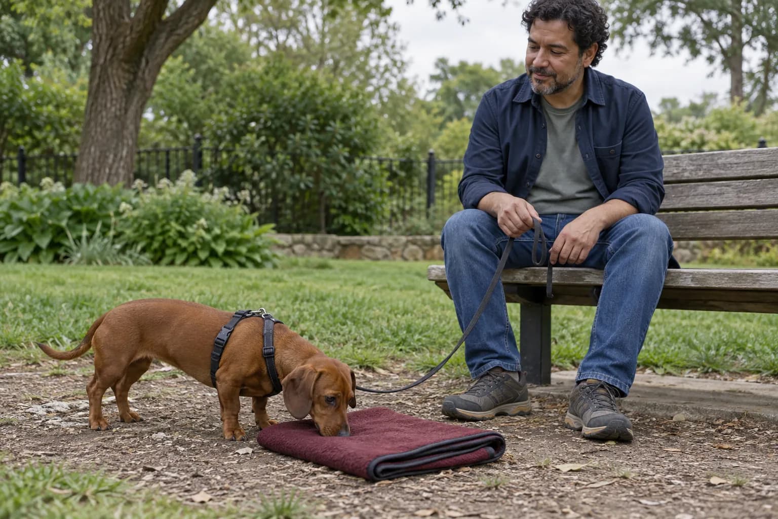 A red dachshund voluntarily investigates a burgundy blanket beside a park bench while the seated man holds a loose leash