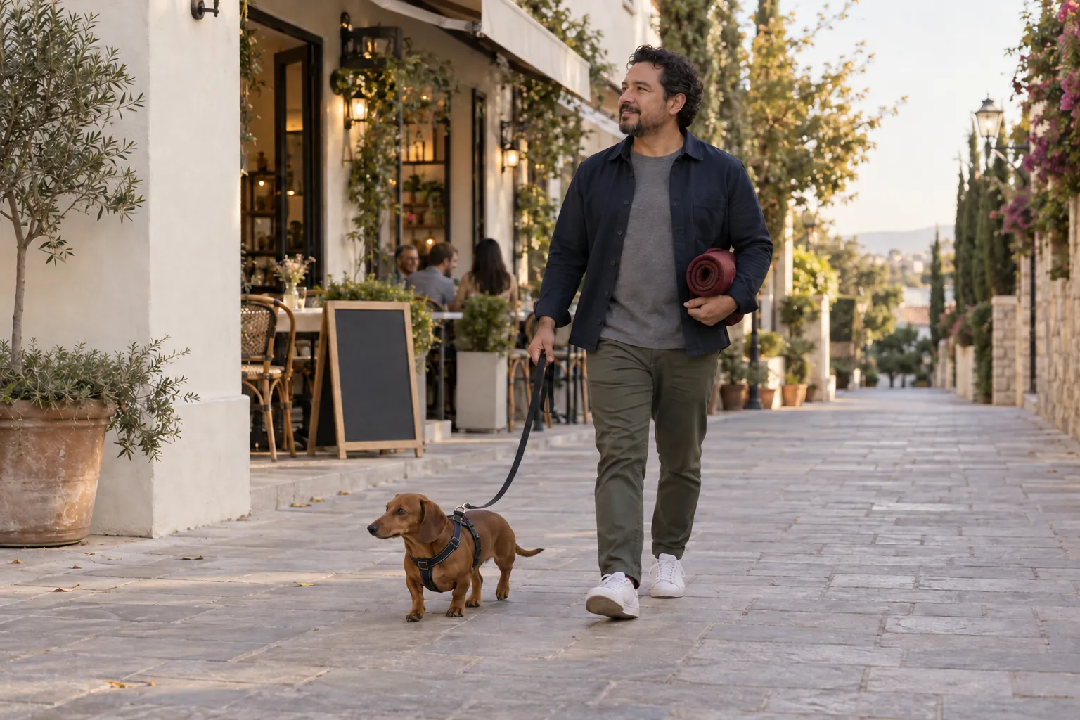A man carrying a rolled blanket walks away from the café with a red dachshund on a visibly loose handheld leash along a quiet pedestrian lane