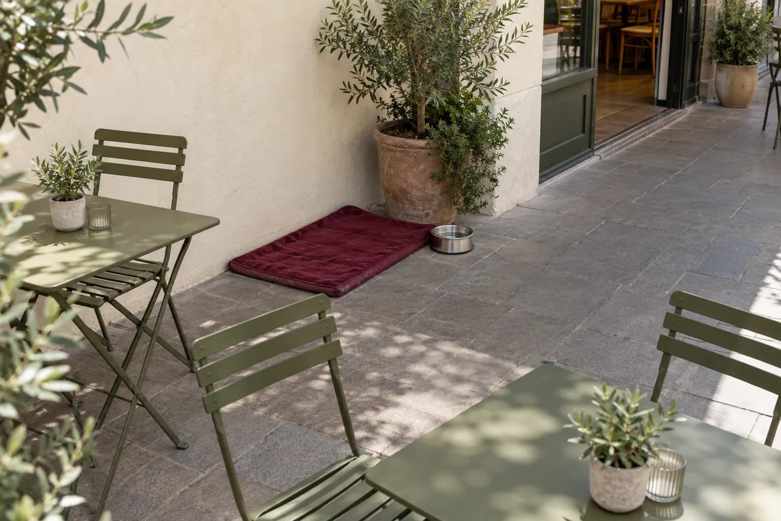 An empty café terrace has a blanket and water bowl beside the wall, with chairs positioned away from a wide clear service walkway