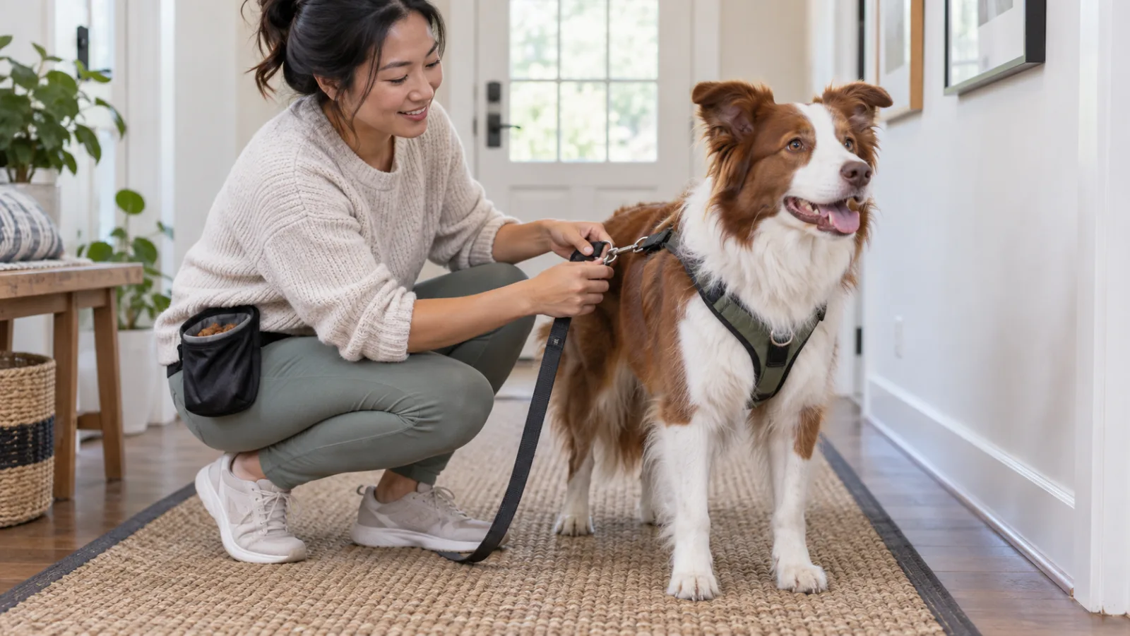 Opiekunka zapina luźną smycz do wygodnych szelek stojącego border collie w przedpokoju z antypoślizgową podłogą