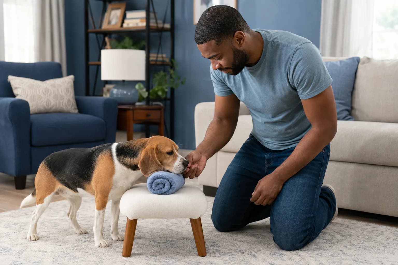 Beagle voluntarily rests its chin on a towel while its handler delivers a small reward