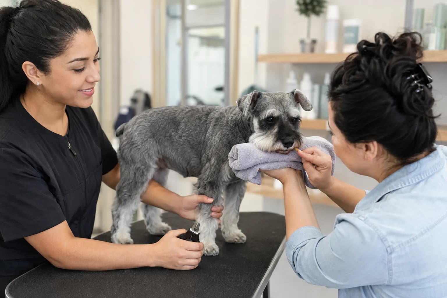 Groomer brings closed nail clippers near one nail while a schnauzer holds a chin rest and receives a reward