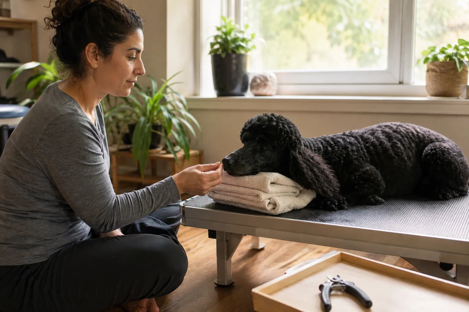 Relaxed black poodle rests its chin on a towel while its owner rewards cooperative nail-care practice