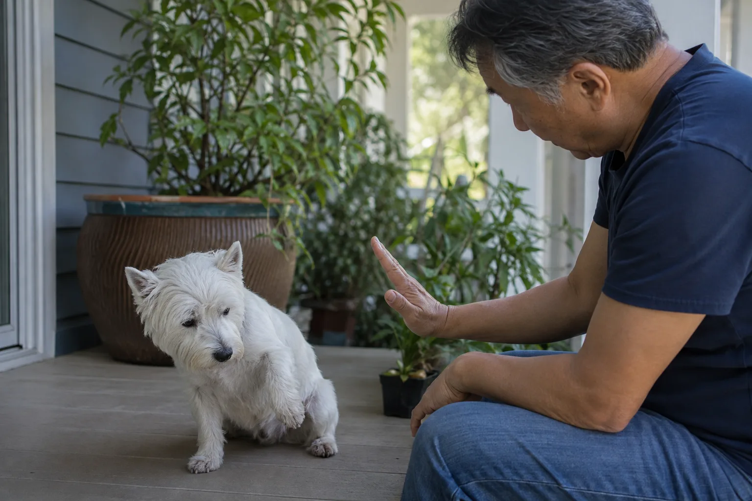 Man pauses before touching a terrier that has gently moved its paw away