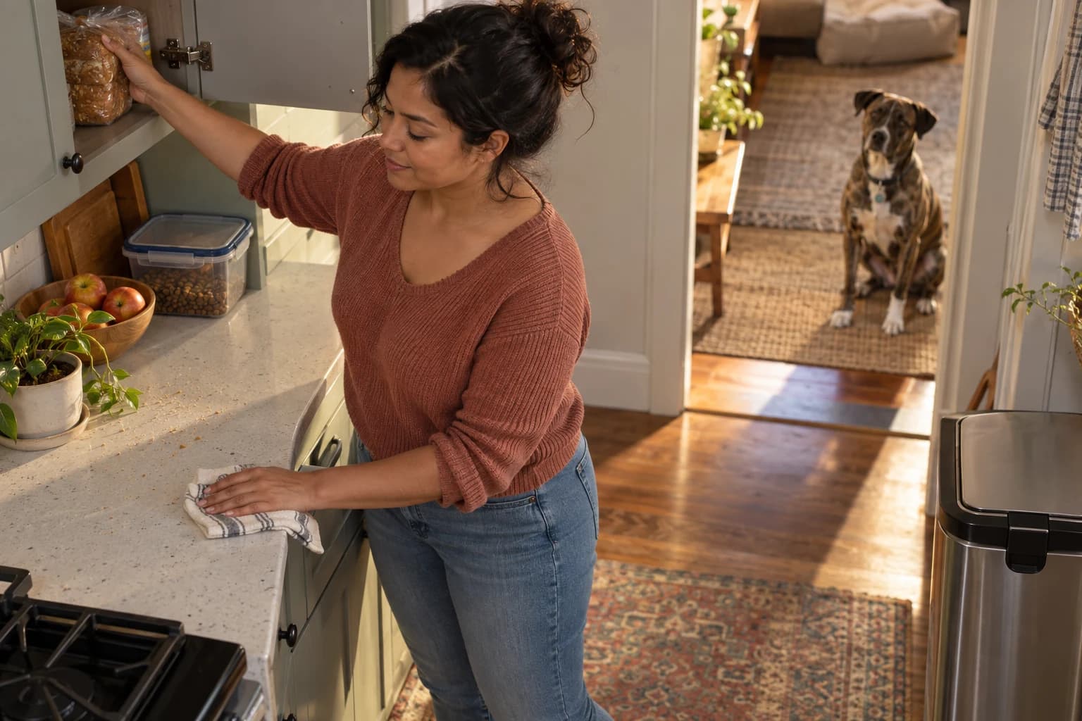 Woman wipes crumbs from a kitchen counter and stores bread while a brindle dog waits beyond the doorway