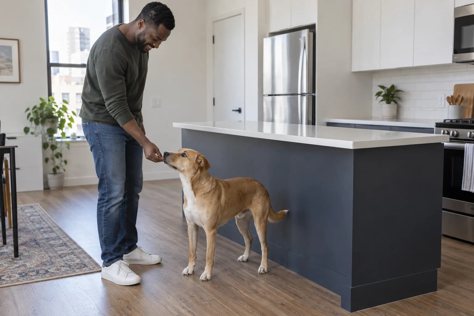 Man rewards a tan mixed-breed dog for keeping all four paws on the floor beside an empty kitchen island