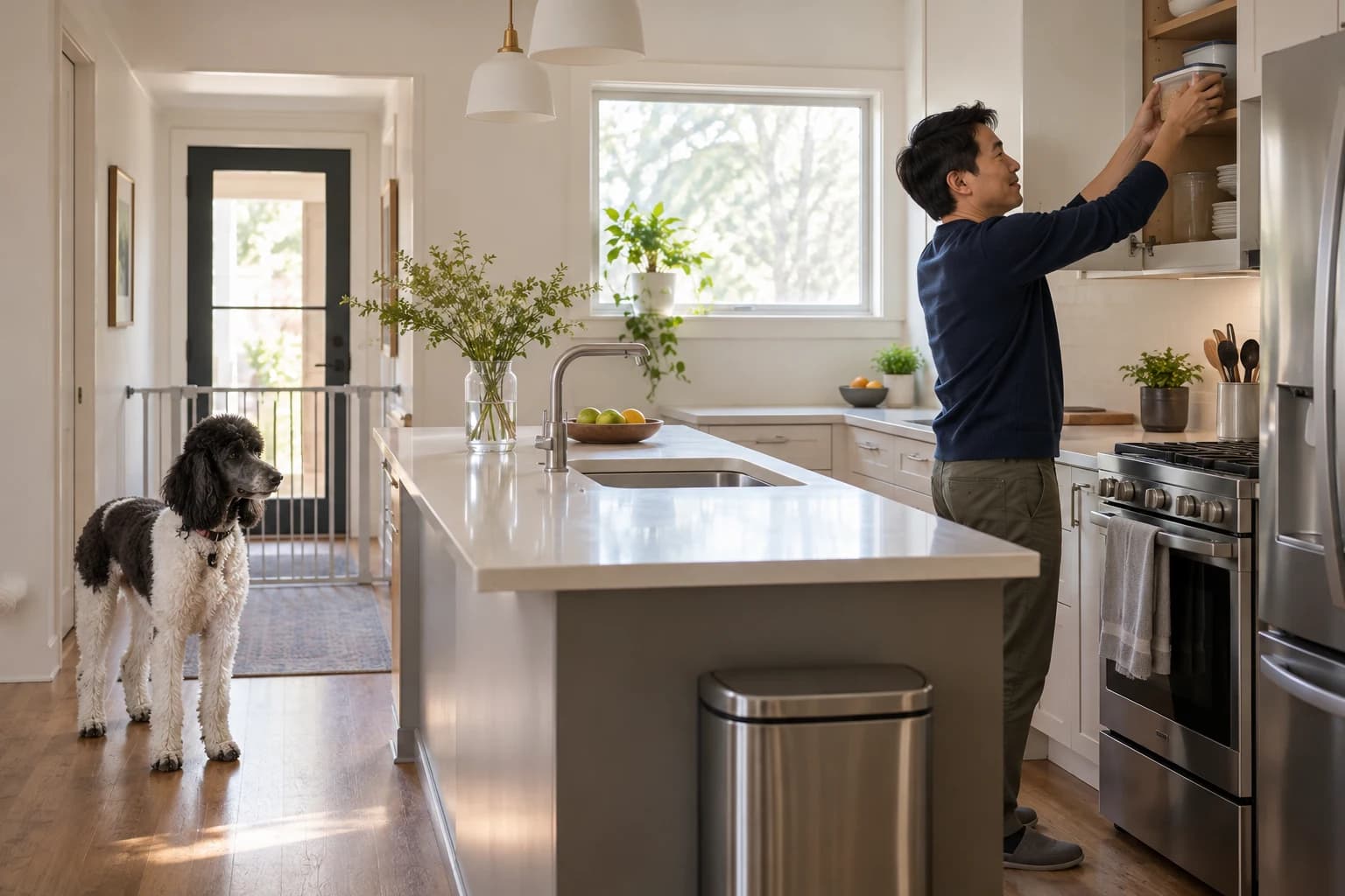 Man stores food in a high cupboard while a standard poodle waits calmly behind the kitchen boundary
