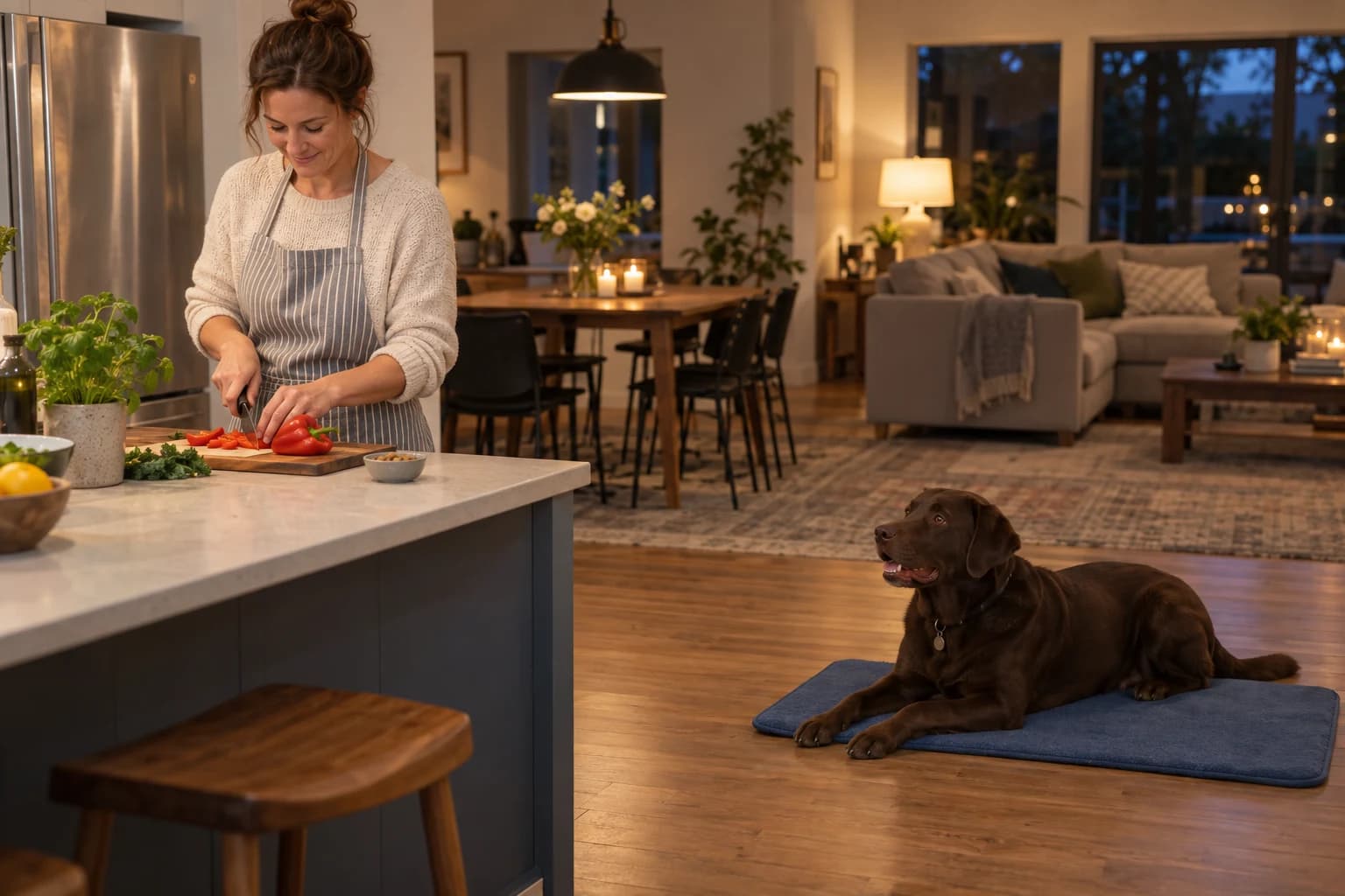 Chocolate Labrador rests on a blue mat outside the kitchen while its owner prepares dinner