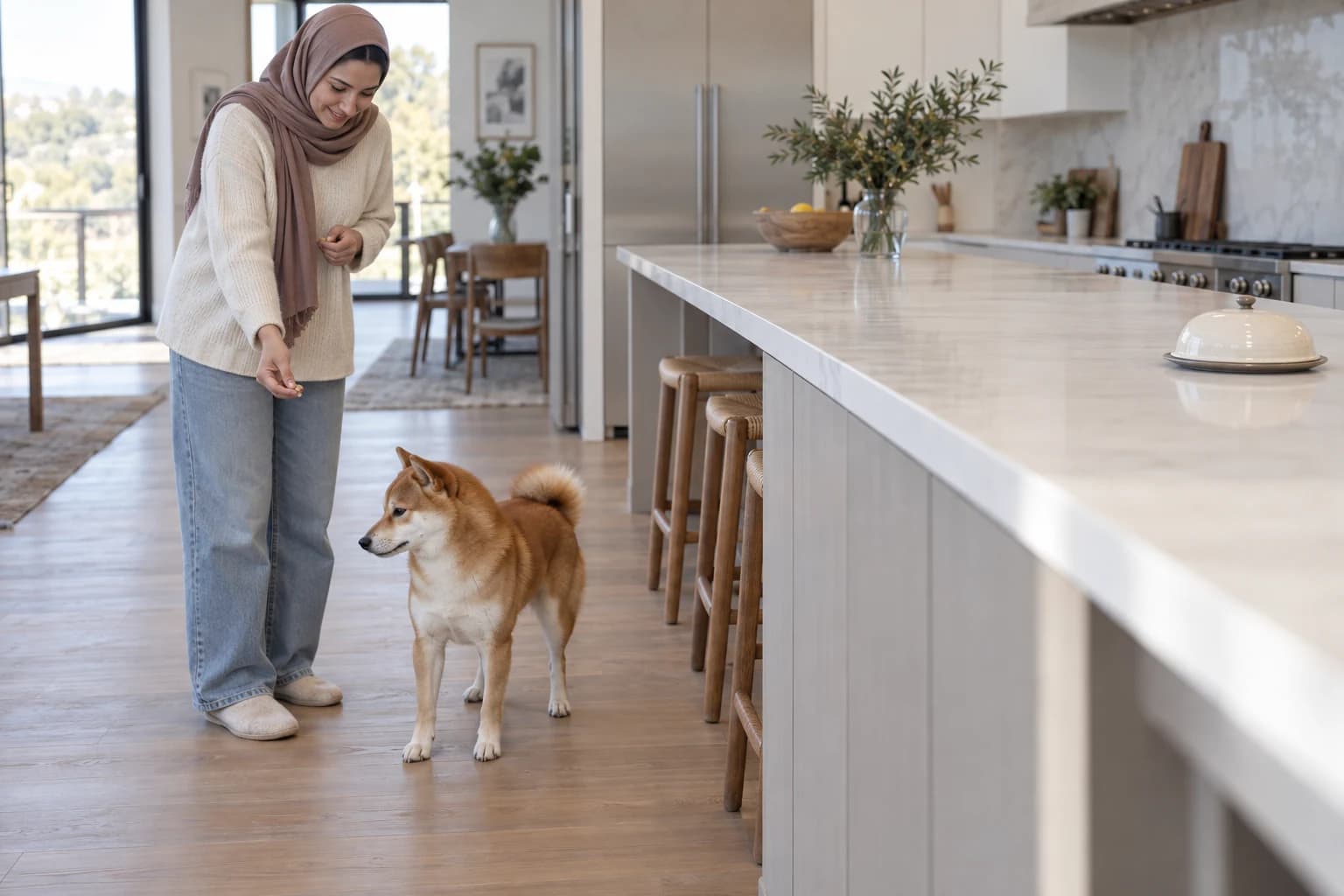 Woman rewards a Shiba Inu for turning away from a covered plate placed safely far back on a kitchen counter