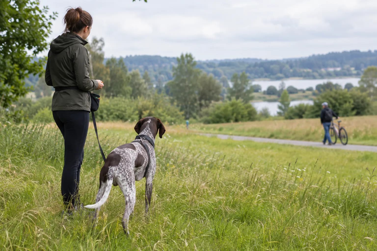 Fører og flekket hund ser en person trille sykkel langt borte på en åpen eng