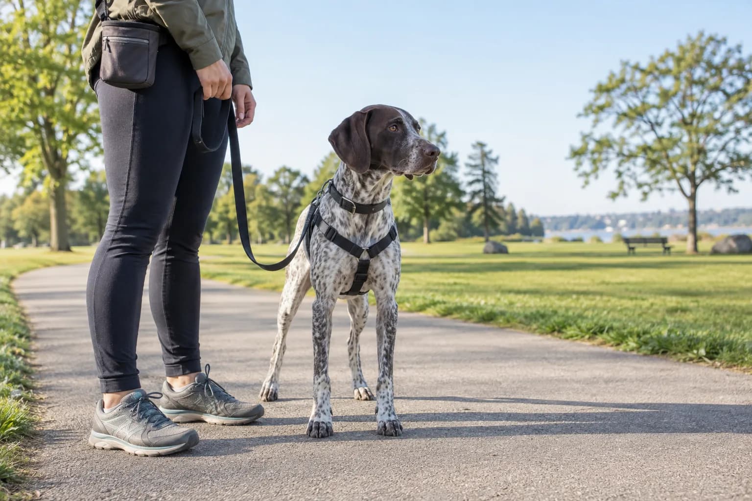 Flekket hund står på en stille sidesti med passende sele og løst bånd mens føreren gjør belønninger klare
