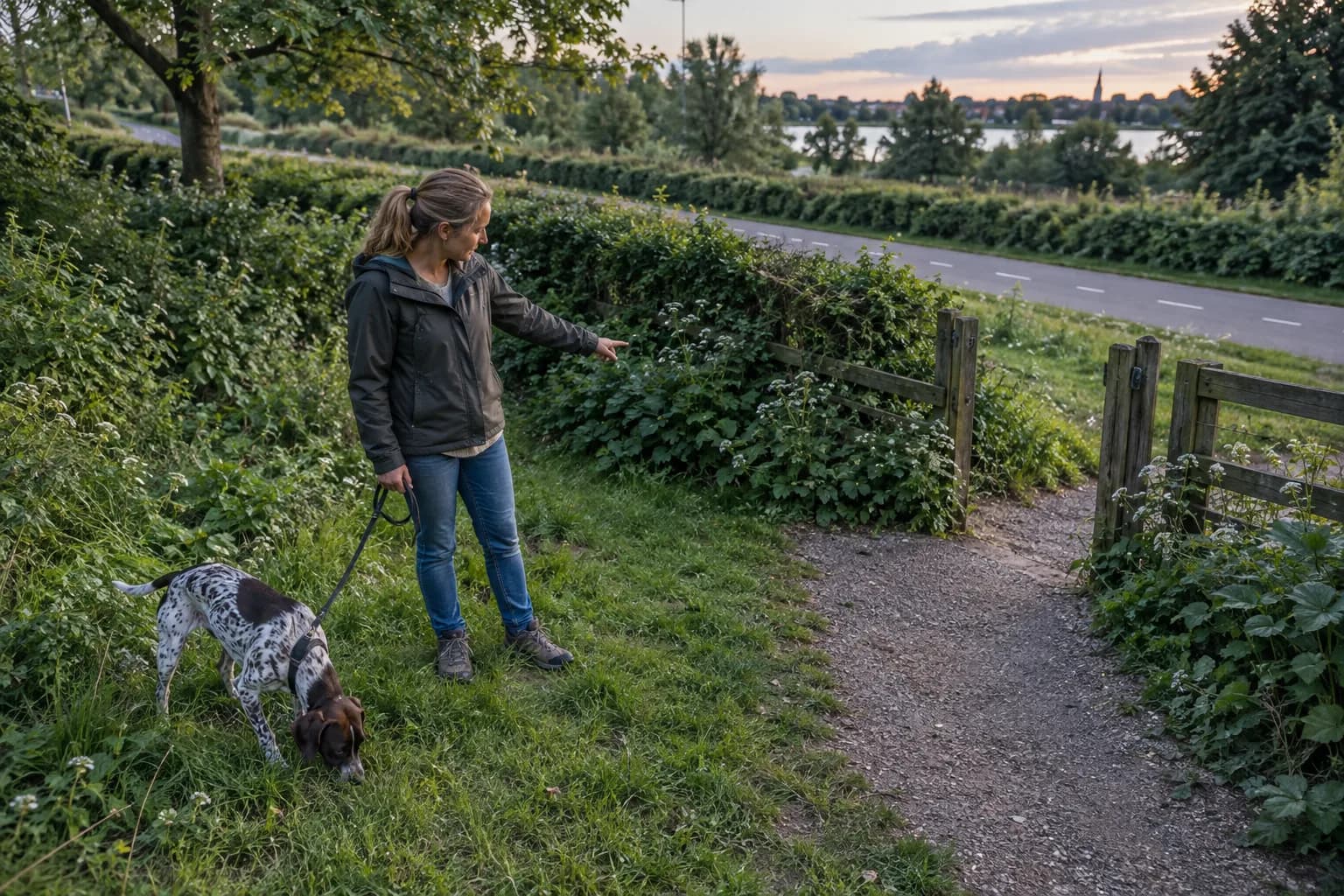 Flekket hund i bånd snuser langs en gresskledd sidesti mens en voksen leder den bort fra sykkelruten
