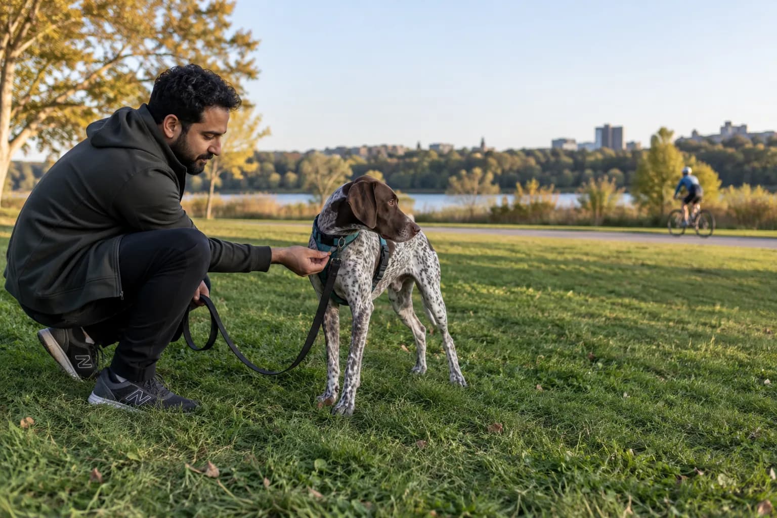 Voksen sitter på huk og gir en liten godbit til en flekket hund i bånd mens syklisten er langt bak dem