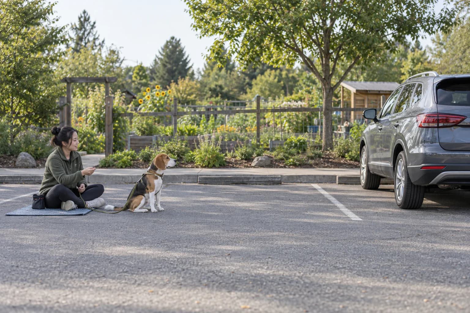 Beagle calmly watches a parked car from several metres away while sitting beside its handler on a mat