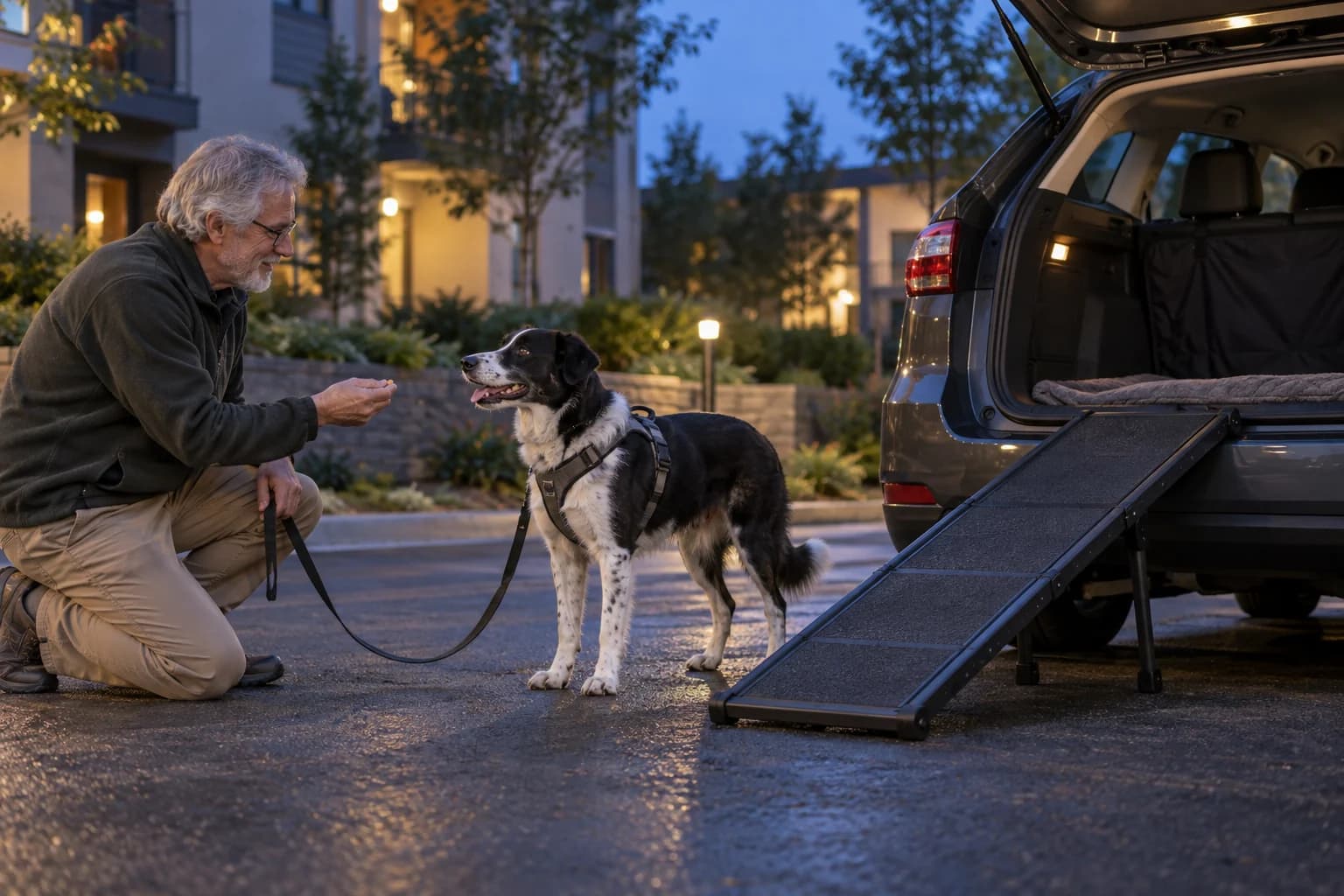 Black and white dog calmly faces a nonslip ramp beside a parked car while an older handler rewards from a comfortable distance