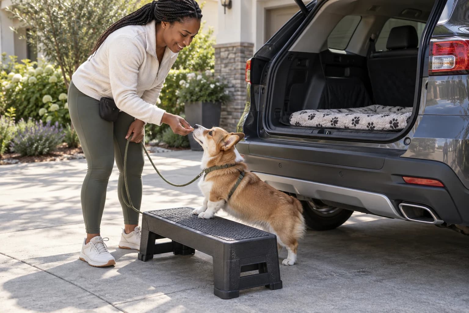 Corgi places its front paws on a broad nonslip platform beside an open rear hatch while its handler rewards the voluntary step
