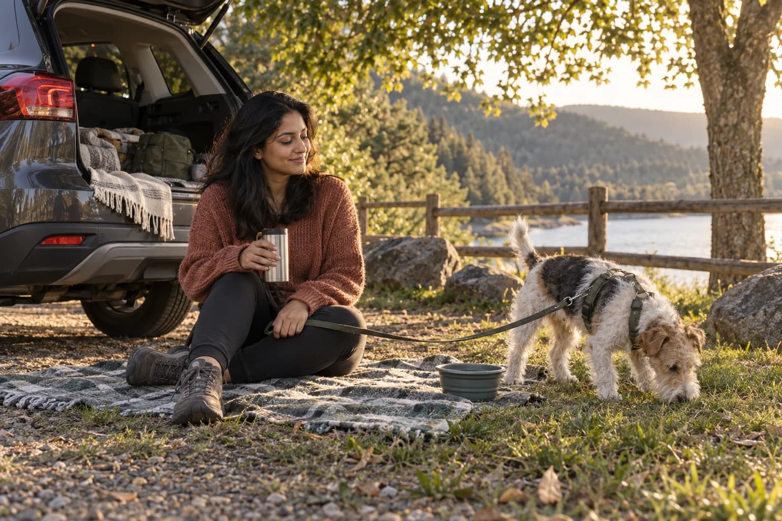 Wire-haired terrier sniffs beside a water bowl and blanket at a quiet picnic stop after a short car practice ride
