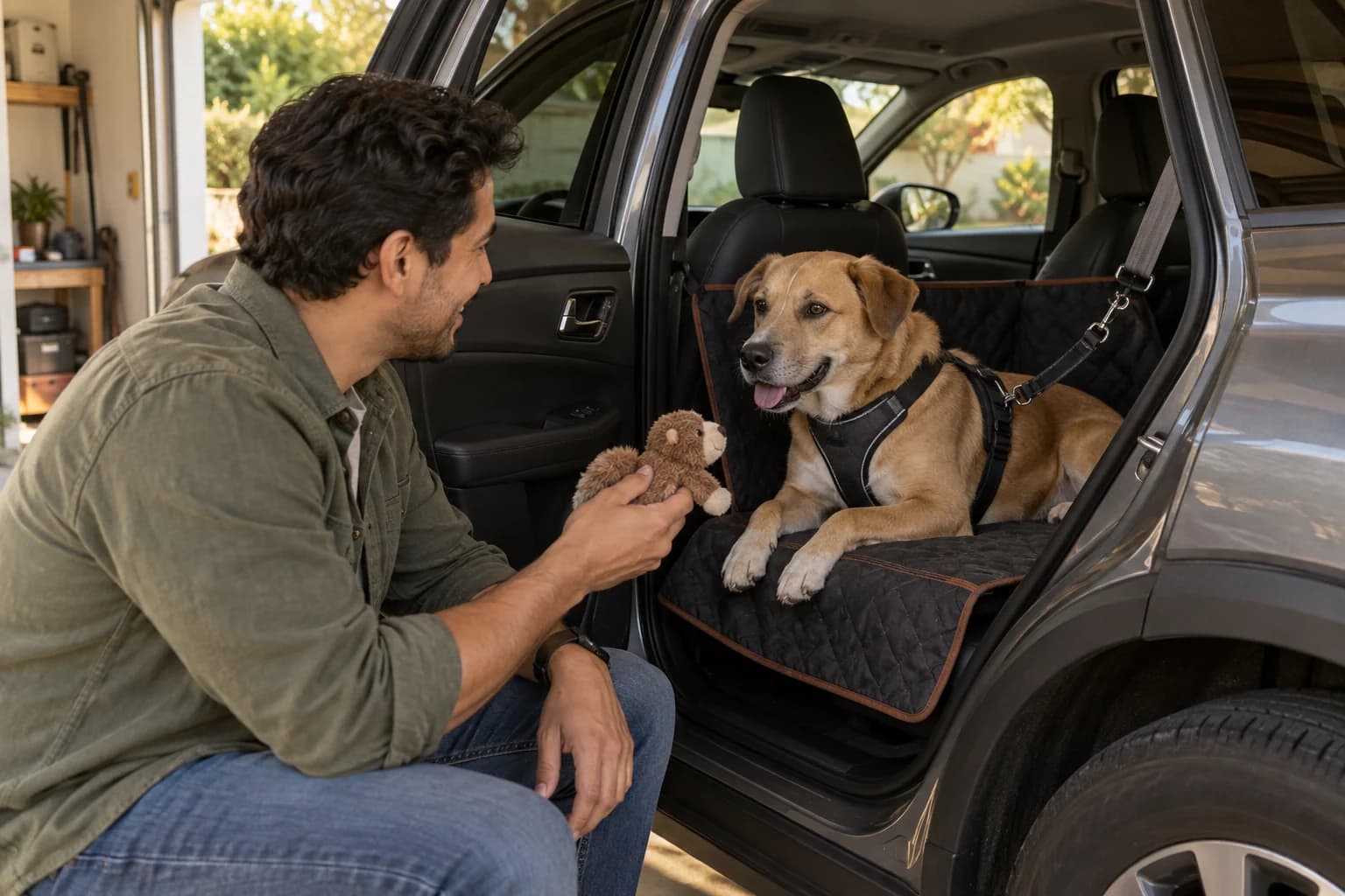 Tan dog relaxes on a secured travel mat inside a stationary car while its handler offers a chew beside the open door