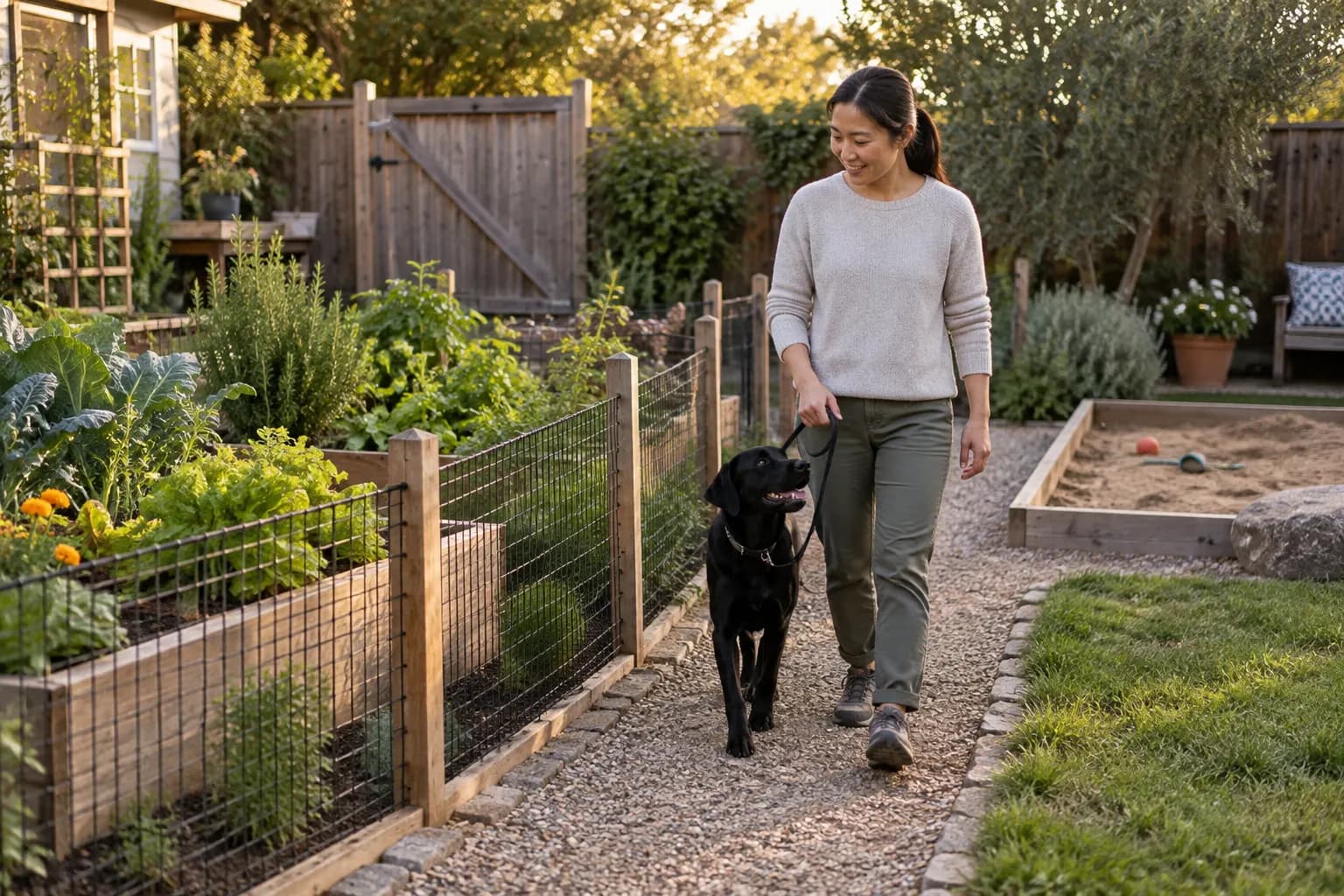 Black Labrador walks calmly with an adult beside raised garden beds protected by a low fence, with a separate sand area visible