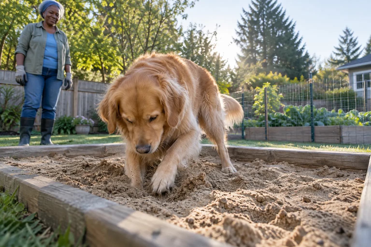 Golden retriever digs in a shallow bordered sand area in a fenced garden while an older adult watches calmly