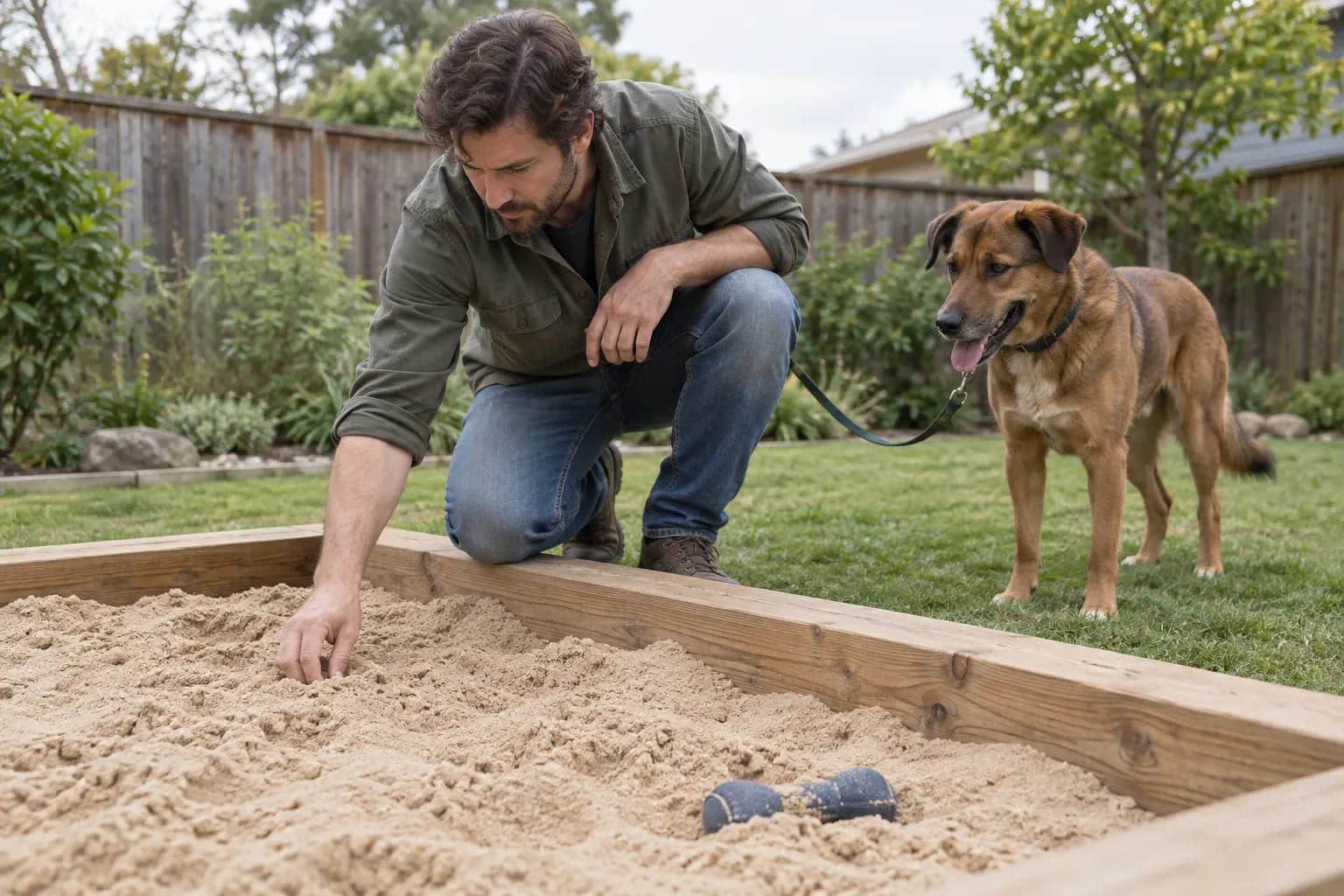 Adult checks clean sand in a shallow timber-bordered digging area while a brown dog waits on a relaxed leash