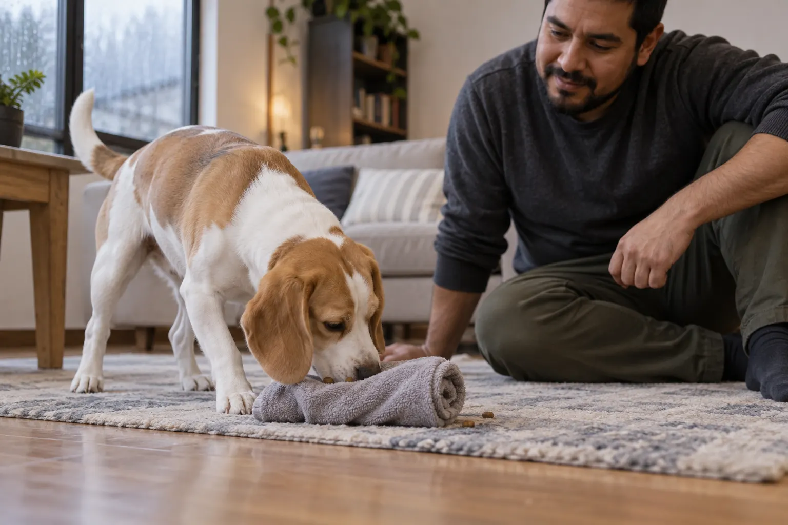 White-and-tan beagle searches a rolled towel for a few food pieces indoors while an adult supervises