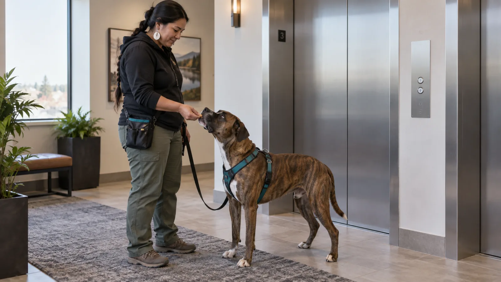 Brindle dog checks in with its handler for a reward beside closed elevator doors on a loose leash