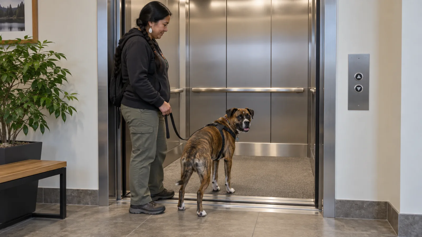 Brindle dog voluntarily places its front paws inside a stationary open elevator while the handler keeps the leash loose