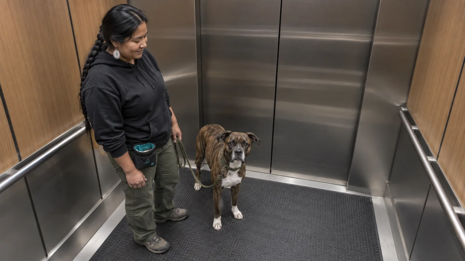 Brindle dog stands on a nonslip elevator floor beside its handler during a quiet one-floor practice ride