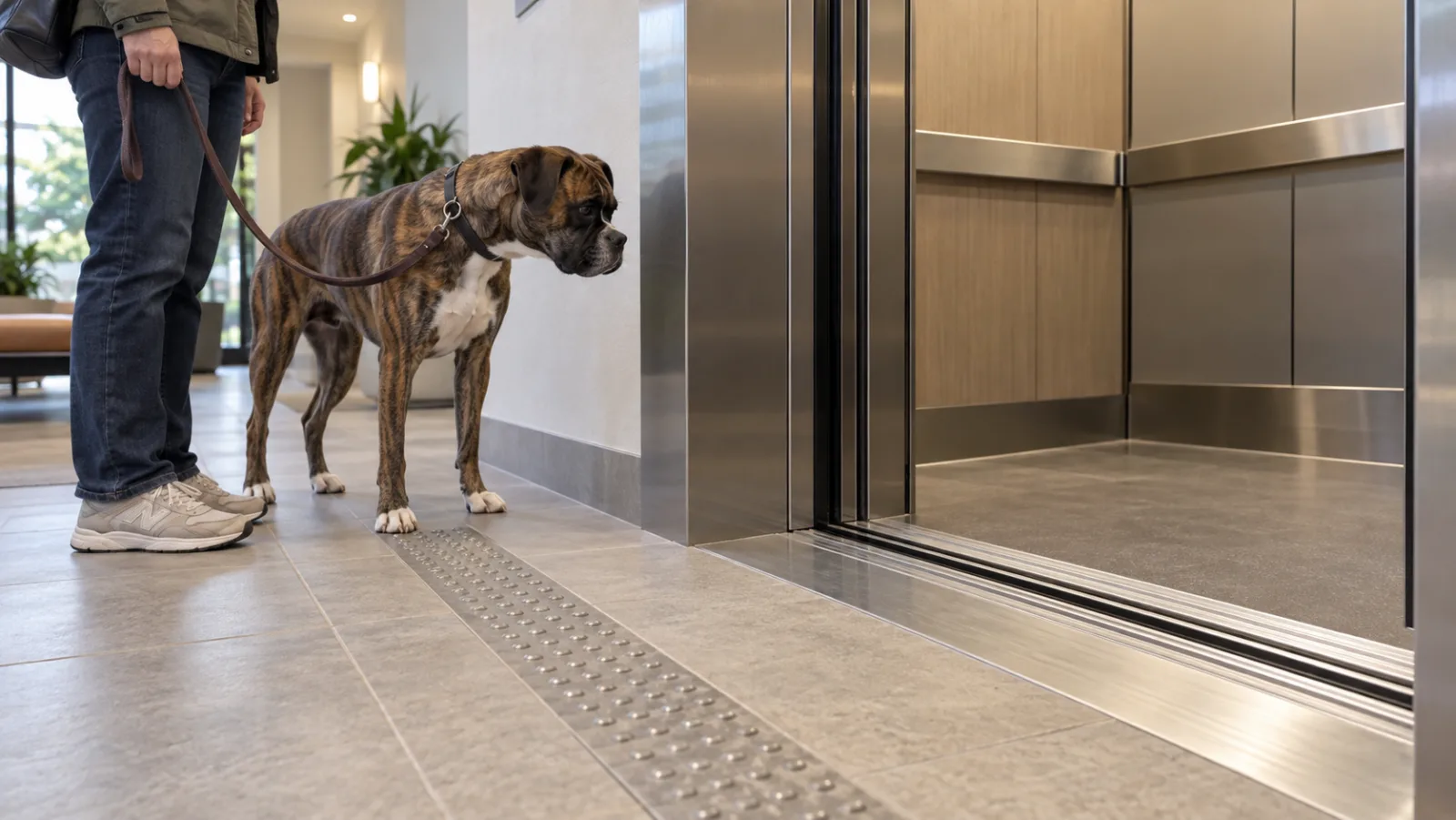 Brindle dog waits behind a tactile line and studies a fully open empty elevator from a safe distance