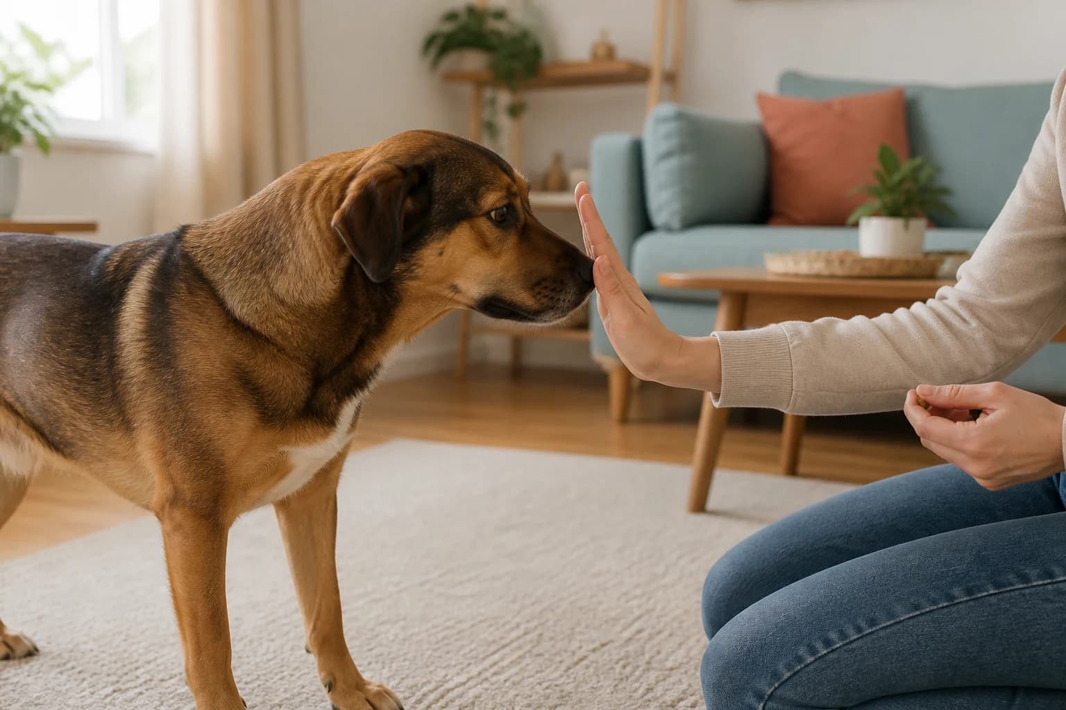Mixed breed dog gently touching its nose to an owner's open palm during reward-based hand target training